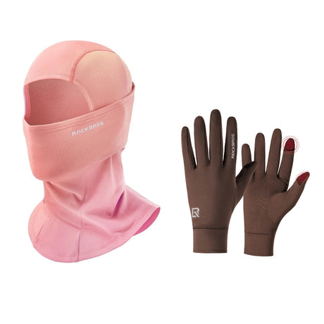 ROCKBROS winterset met bivakmuts in roze en fietshandschoenen in bruin