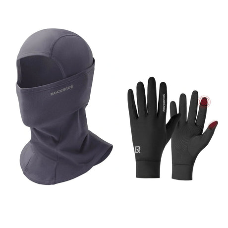 ROCKBROS winterset met bivakmuts in cementgrijs en fietshandschoenen in zwart