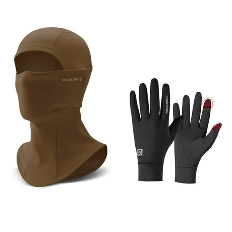 ROCKBROS winterset met bivakmuts in bruin en fietshandschoenen in zwart