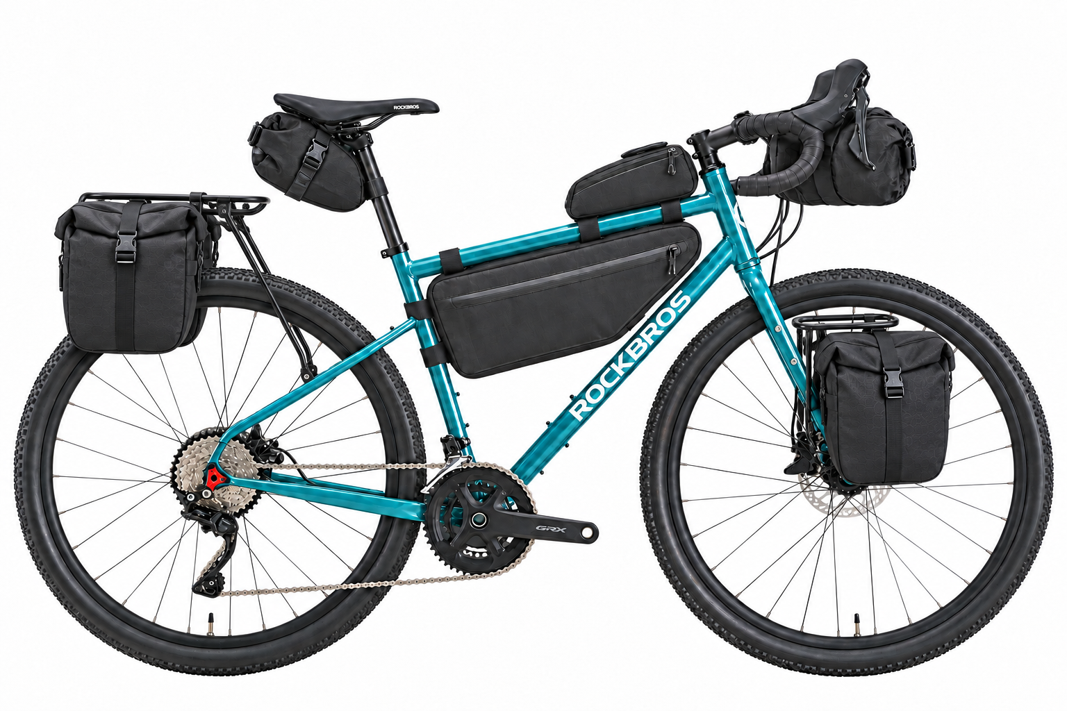 ROCKBROS fiets met stuurtas, bovenbuistas, frametas, zadeltas en twee extra tassen voor en achter